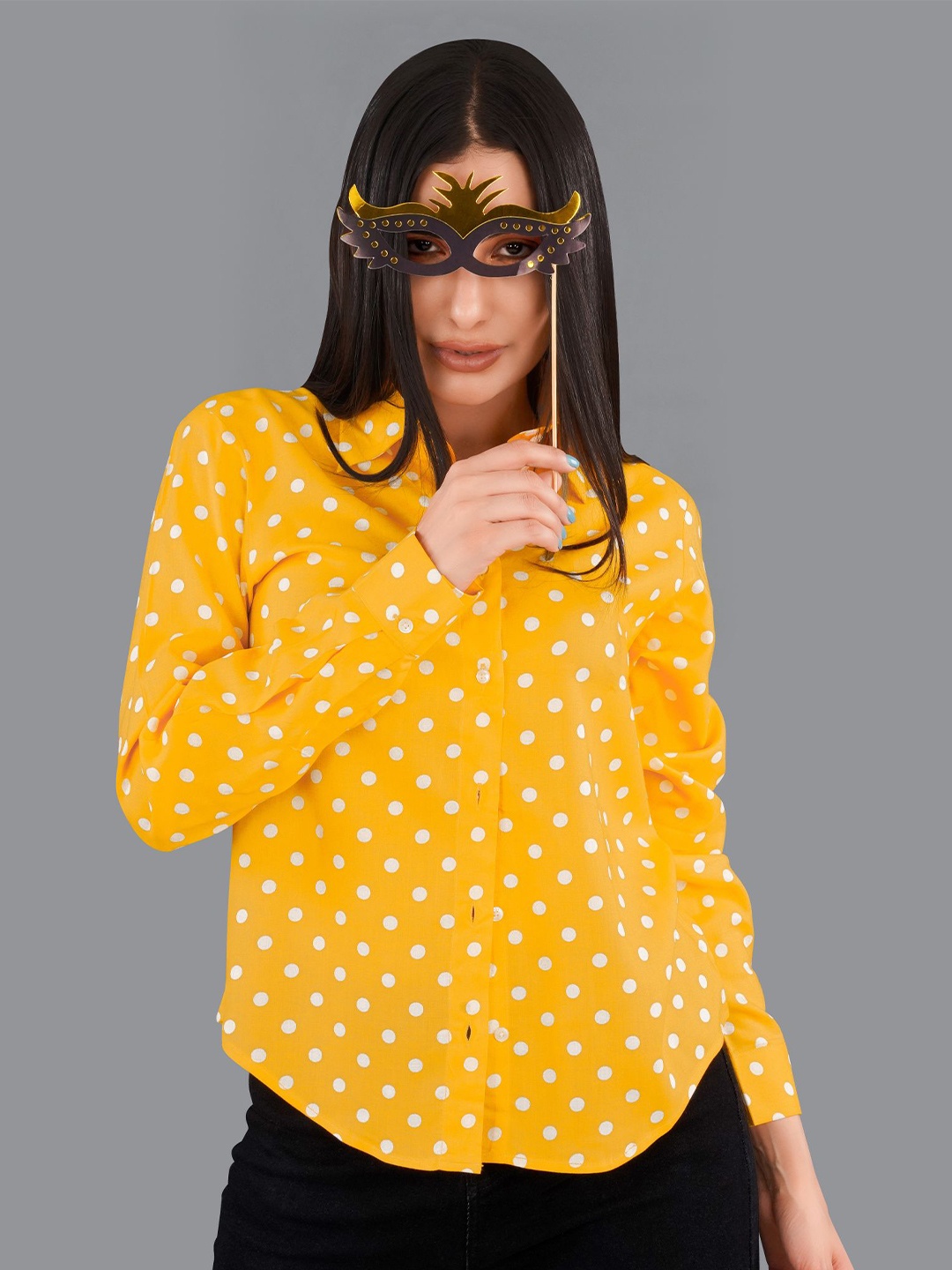 

FRENCH CROWN Polka Dot Printed Premium Opaque Casual Shirt, Yellow