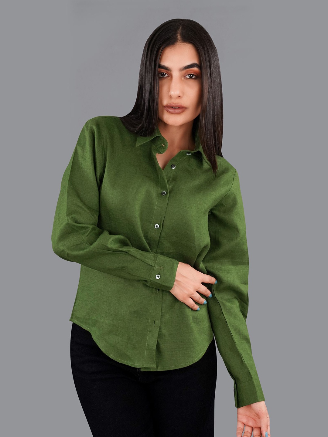 

FRENCH CROWN Spread Collar Standard Twill Pure Linen Casual Shirt, Green