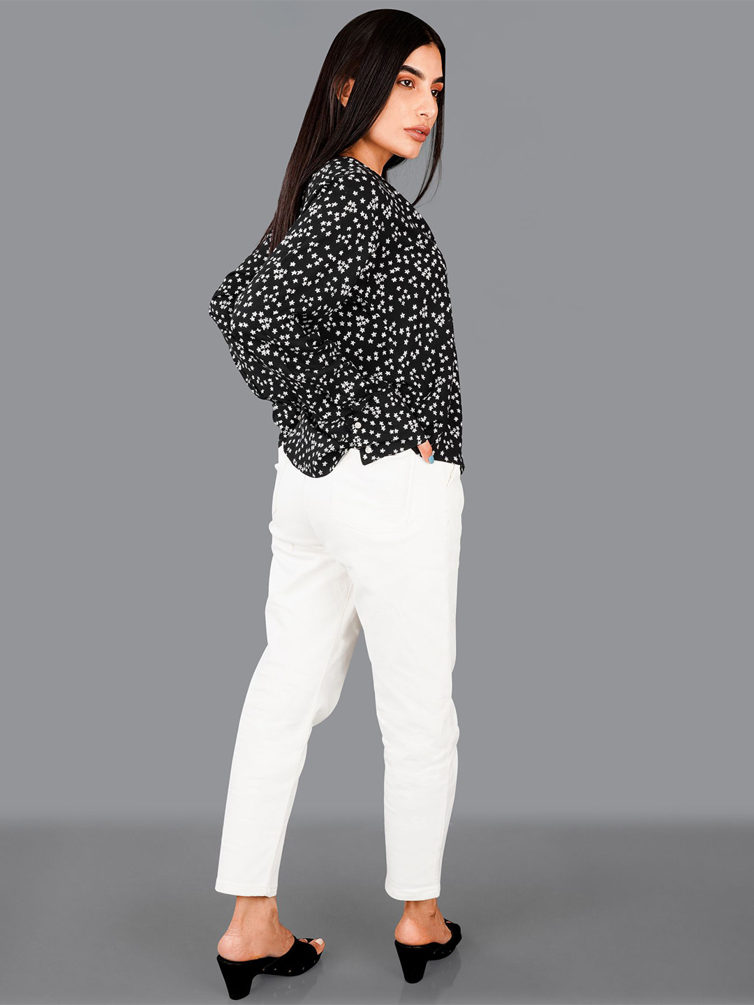 

FRENCH CROWN Printed Cotton Collarless Premium Opaque Casual Shirt, Black