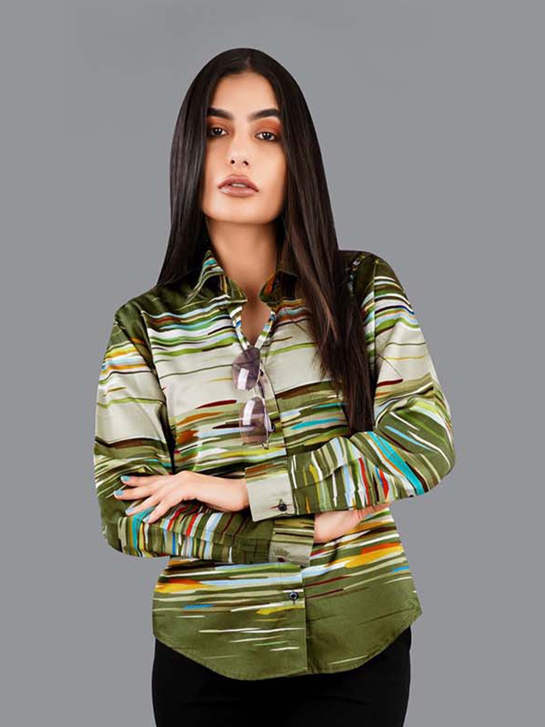 

FRENCH CROWN Standard Fit Abstract Printed Twill Pure Cotton Casual Shirt, Green