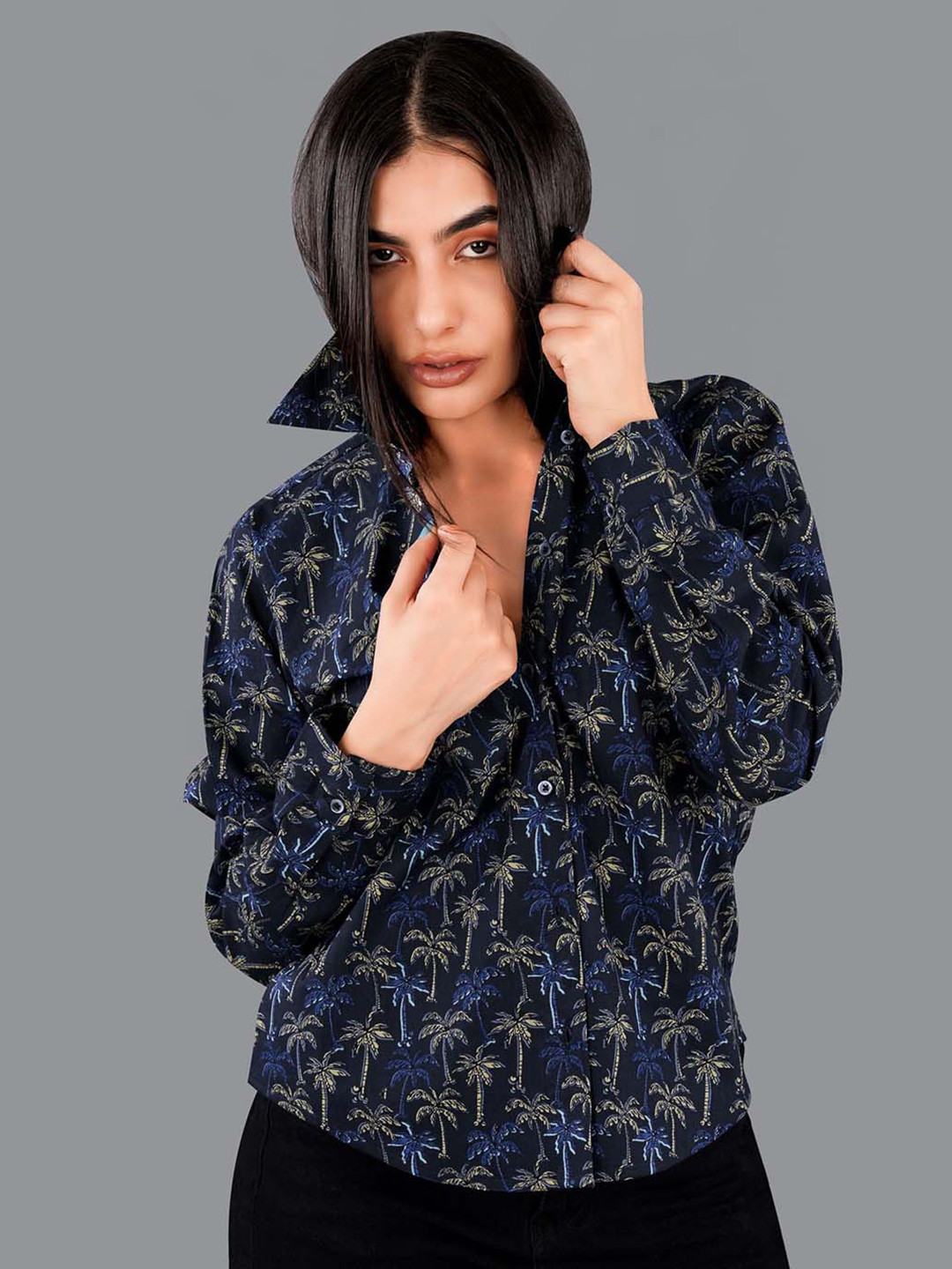 

FRENCH CROWN Tropical Printed Standard Twill Pure Cotton Casual Shirt, Blue
