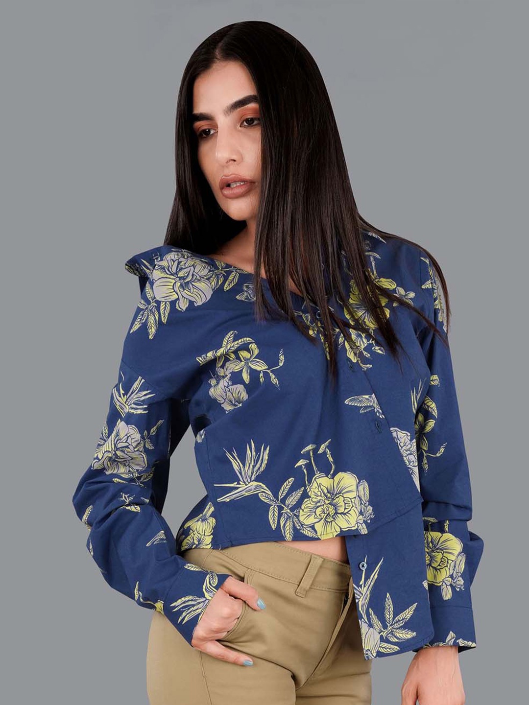 

FRENCH CROWN Standard Fit Floral Printed Twill Pure Cotton Casual Shirt, Blue