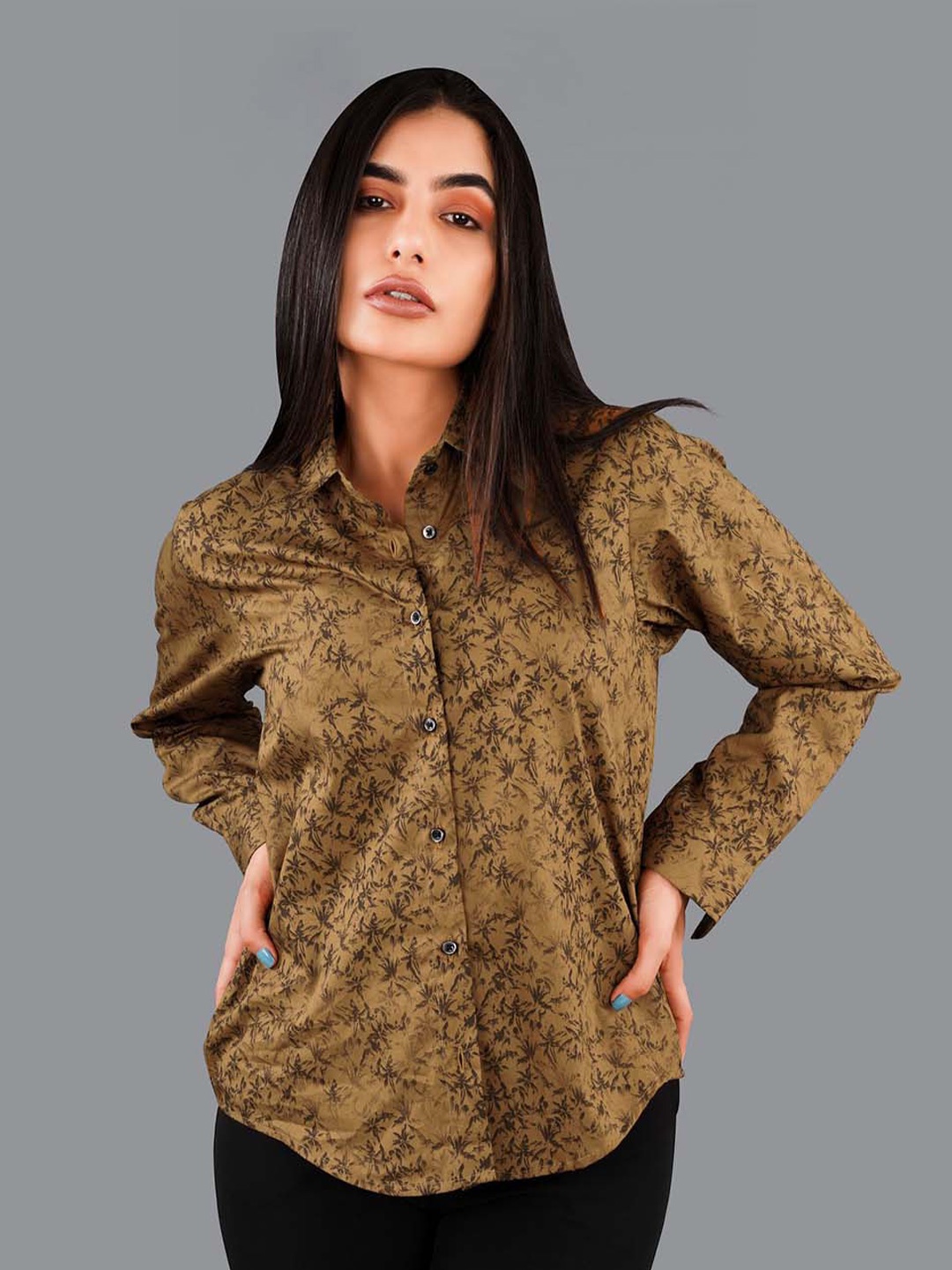 

FRENCH CROWN Abstract Printed Standard Twill Pure Cotton Casual Shirt, Brown