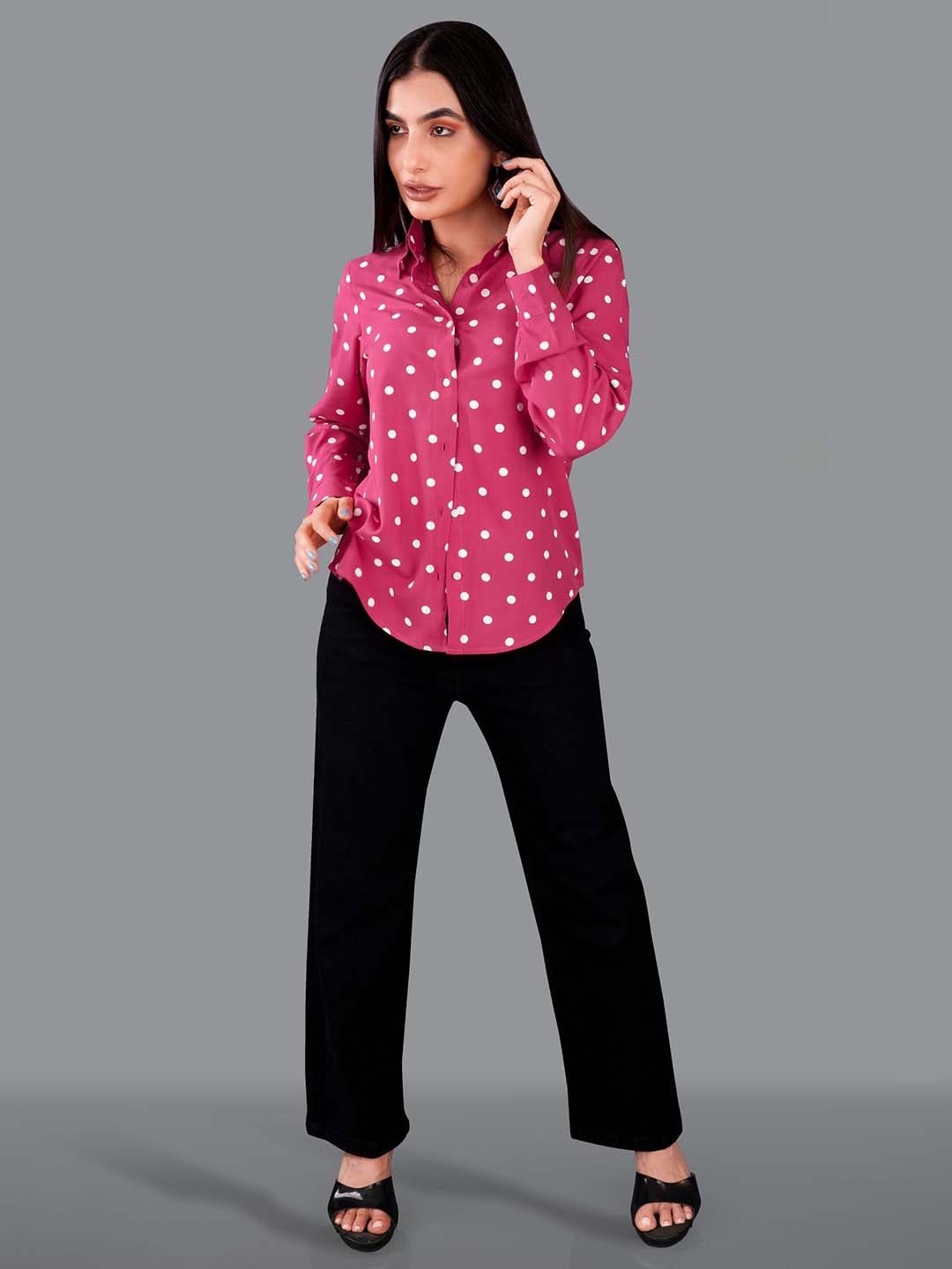 

FRENCH CROWN Polka Dot Printed Standard Twill Pure Cotton Casual Shirt, Pink