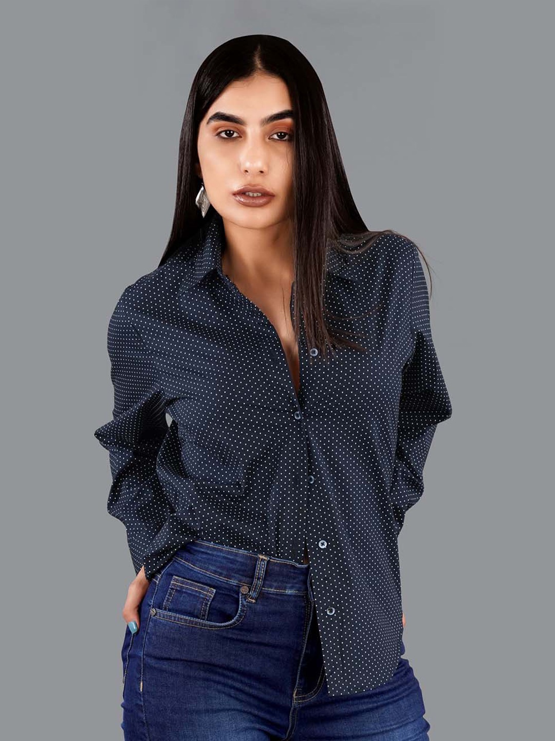 

FRENCH CROWN Polka Dot Printed Cotton Premium Opaque Casual Shirt, Blue