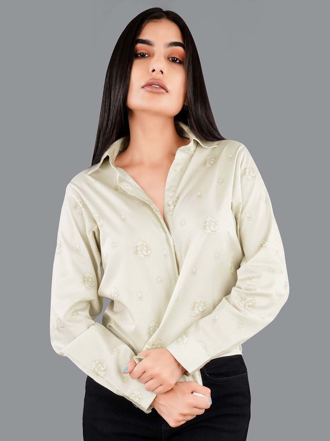 

FRENCH CROWN Floral Printed Cotton Premium Opaque Casual Shirt, Cream