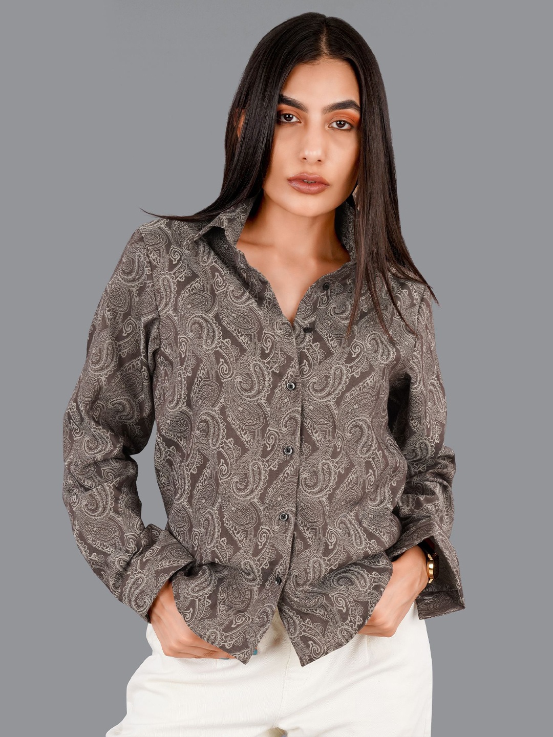 

FRENCH CROWN Standard Fit Paisley Printed Twill Pure Cotton Casual Shirt, Brown