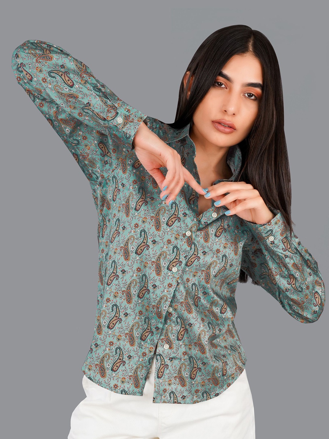 

FRENCH CROWN Standard Fit Paisley Printed Twill Pure Cotton Casual Shirt, Green