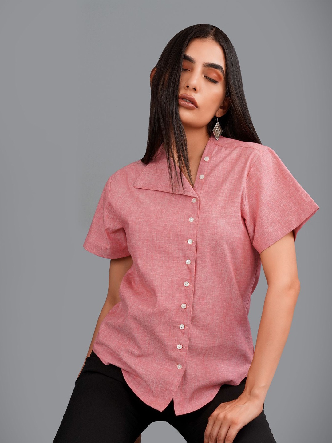 

FRENCH CROWN Standard Fit Collarless Twill Pure Cotton Casual Shirt, Pink