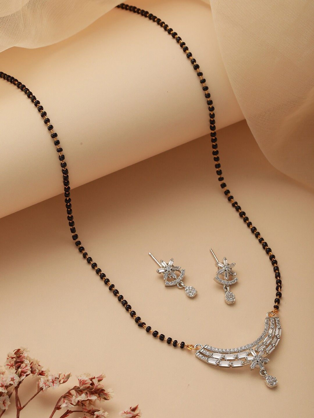 

Jazz and Sizzle Rhodium-Plated AD Stone-Studded & Beaded Mangalsutra & Earrings, Silver