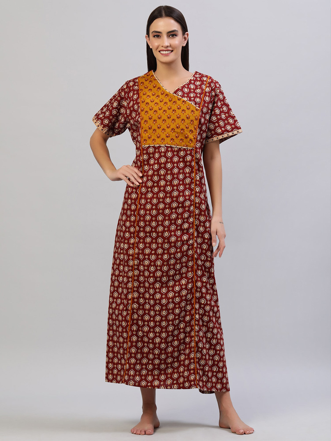 

evolove Printed Cotton Maxi Nightdress, Maroon