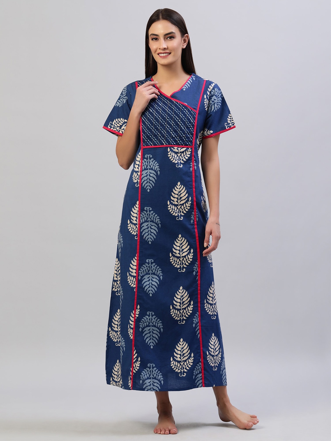 

evolove Printed Cotton Maxi Nightdress, Blue