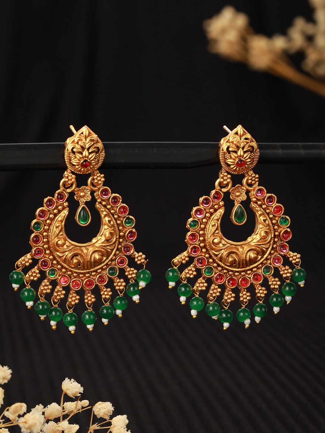 

Jazz and Sizzle Gold-Plated Stone-Studded & Beaded Contemporary Chandbalis Earrings