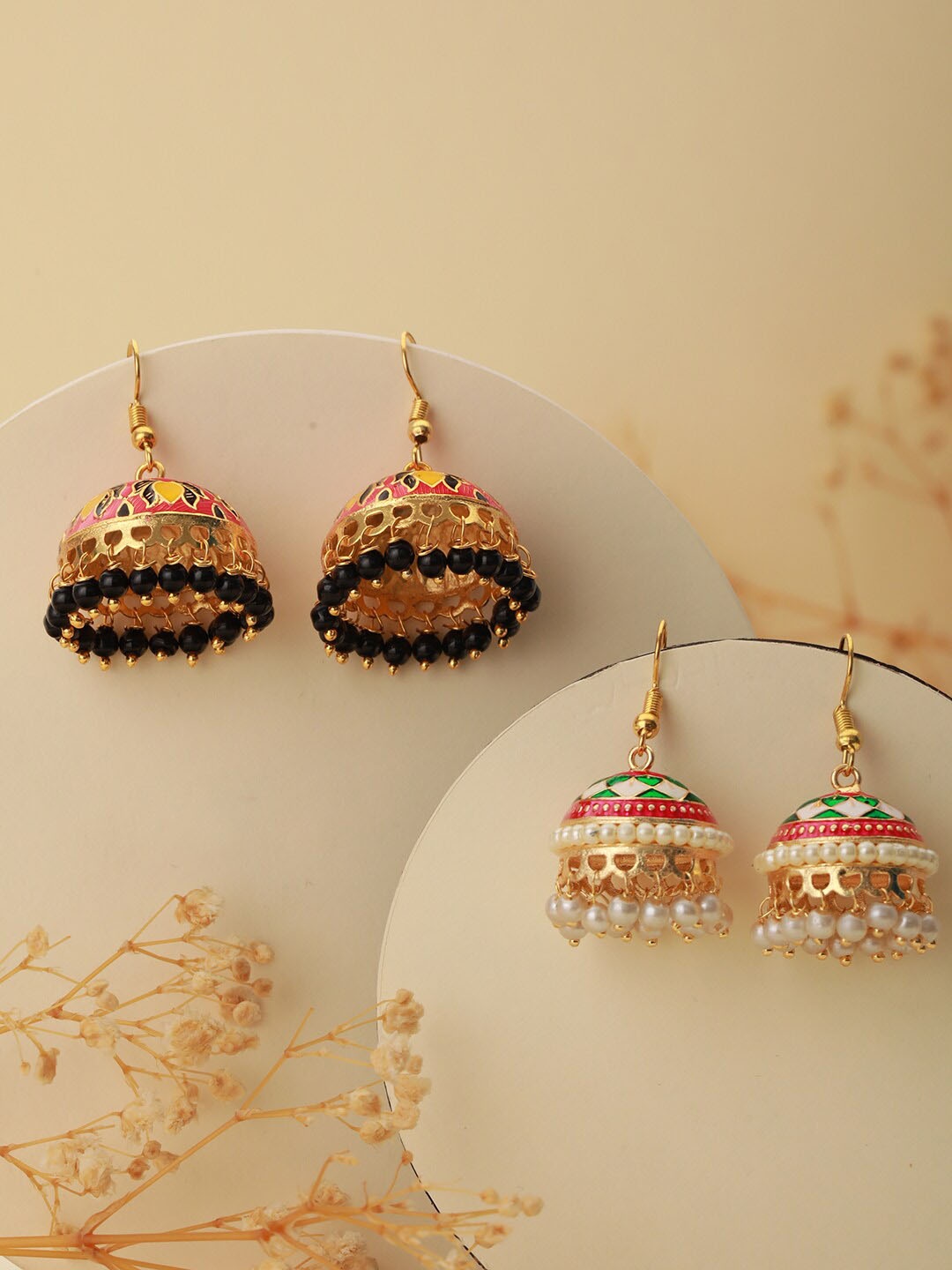 

Jazz and Sizzle Set Of 2 Dome Shaped Meenakari Jhumkas, Gold