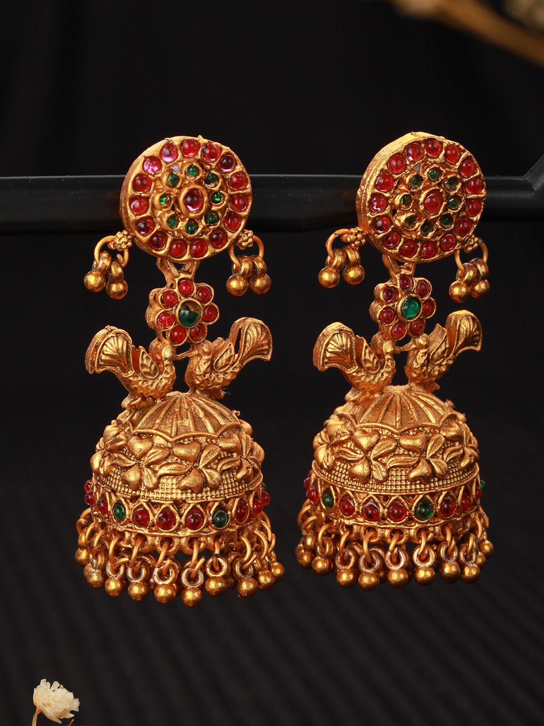 

Jazz and Sizzle Gold-Plated Stone-Studded Peacock Shaped Jhumkas