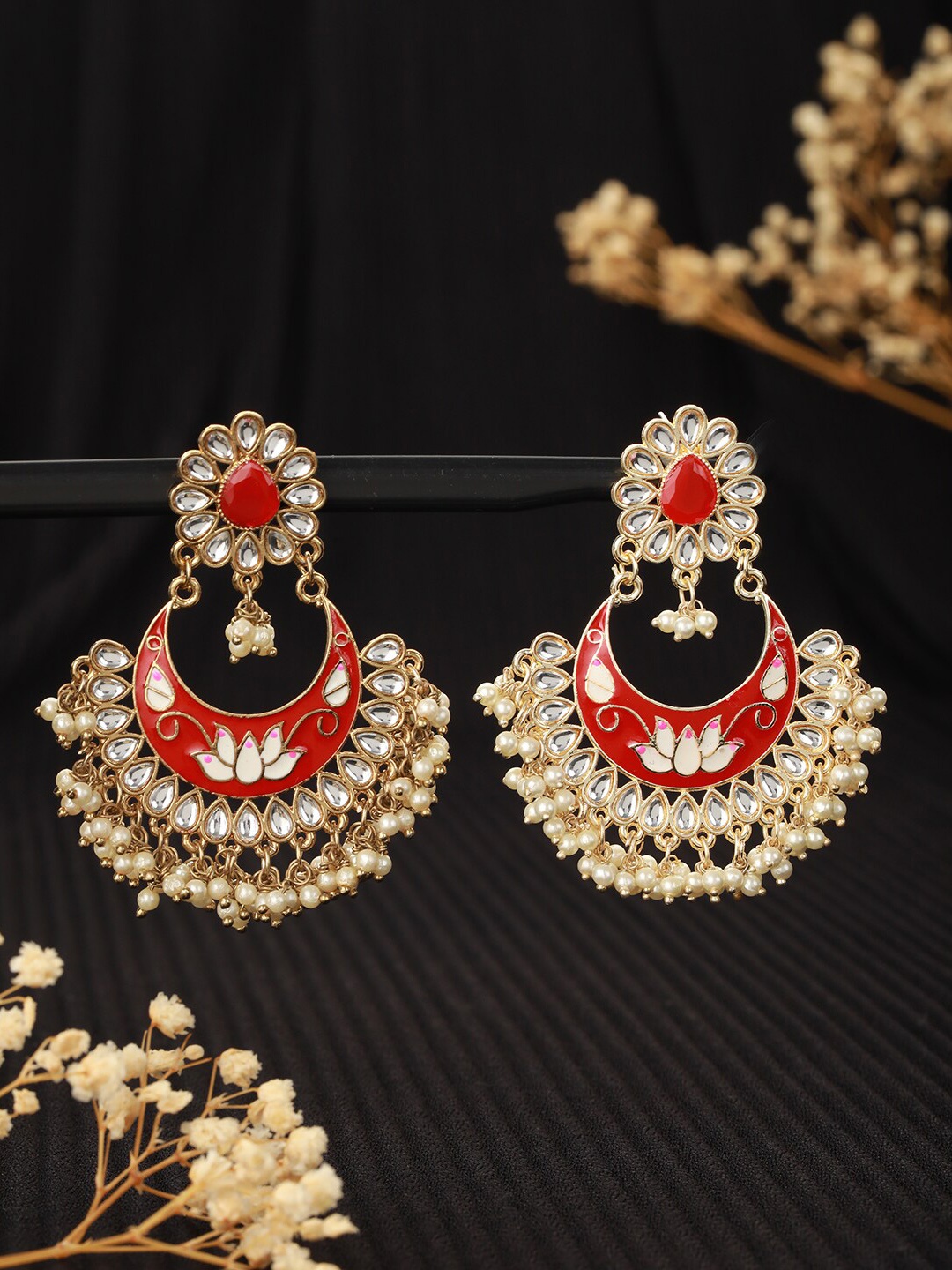 

Jazz and Sizzle Gold-Plated Kundan Studded Crescent Shaped Chandbalis Earrings, Red