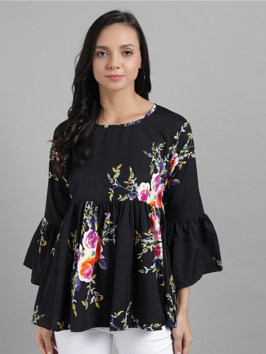 

BAESD Floral Printed Bell Sleeves Pure Cotton Top, Black