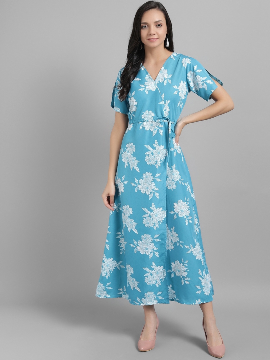 

BAESD Floral Printed Slit Sleeve Tie Up Wrap Dress, Turquoise blue