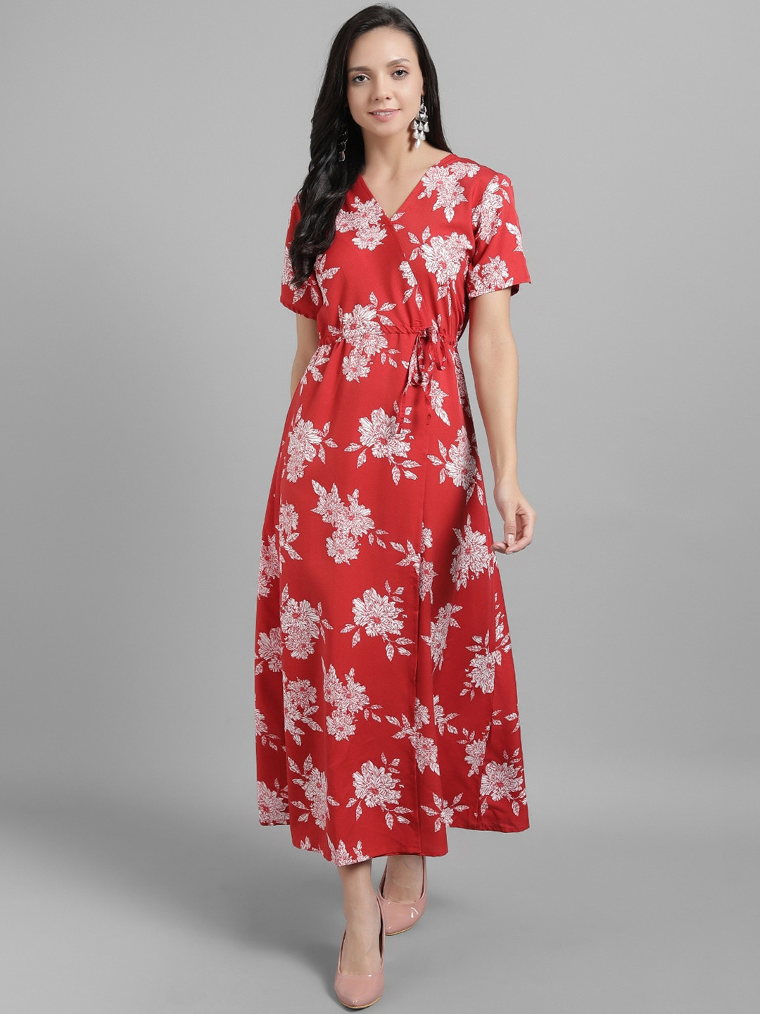 

BAESD Floral Printed Slit Sleeve Tie Up Wrap Dress, Red
