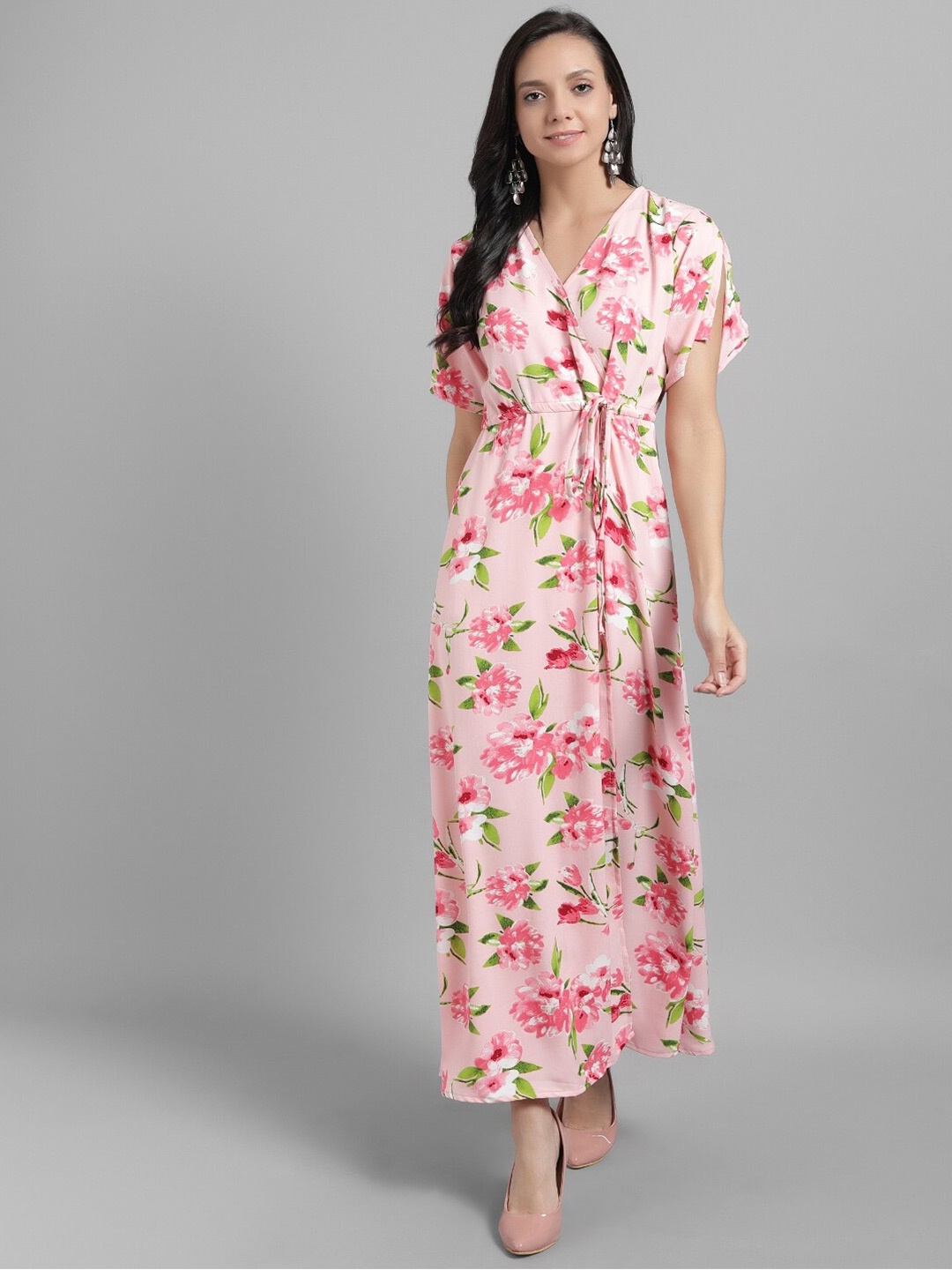 

BAESD Floral Printed Slit Sleeve Tie Up Wrap Dress, Pink