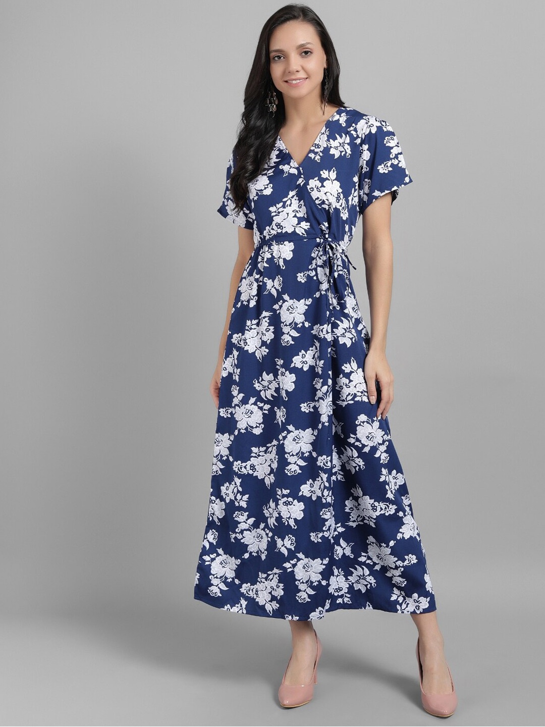 

BAESD Floral Printed Slit Sleeve Tie Up Wrap Dress, Navy blue