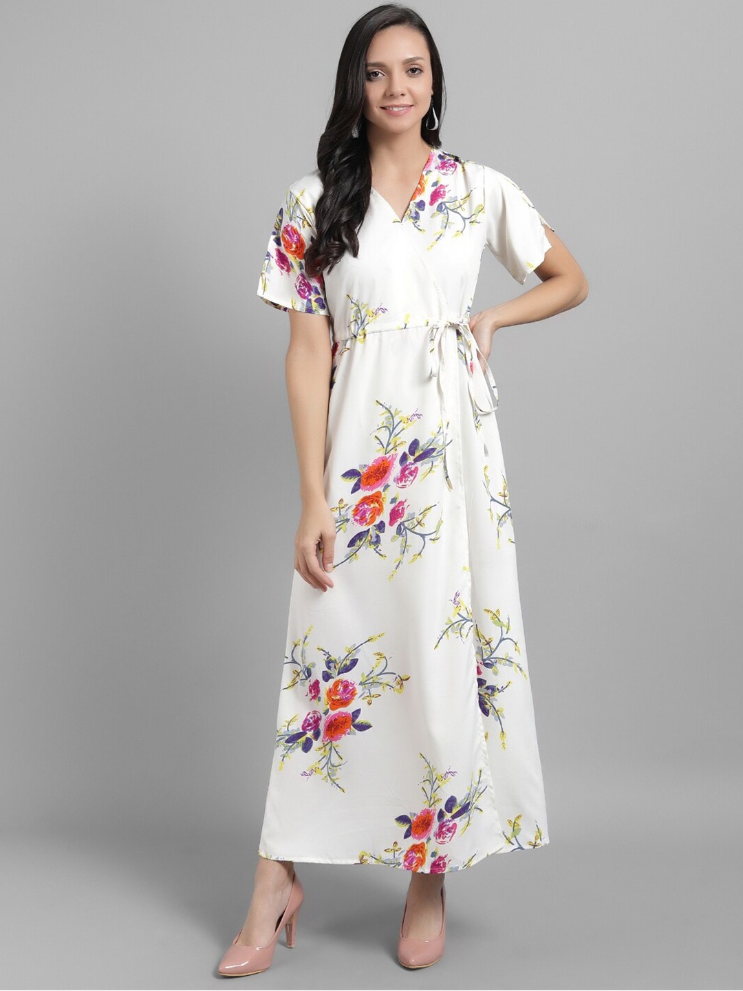 

BAESD Floral Printed Slit Sleeve Tie Up Wrap Dress, White