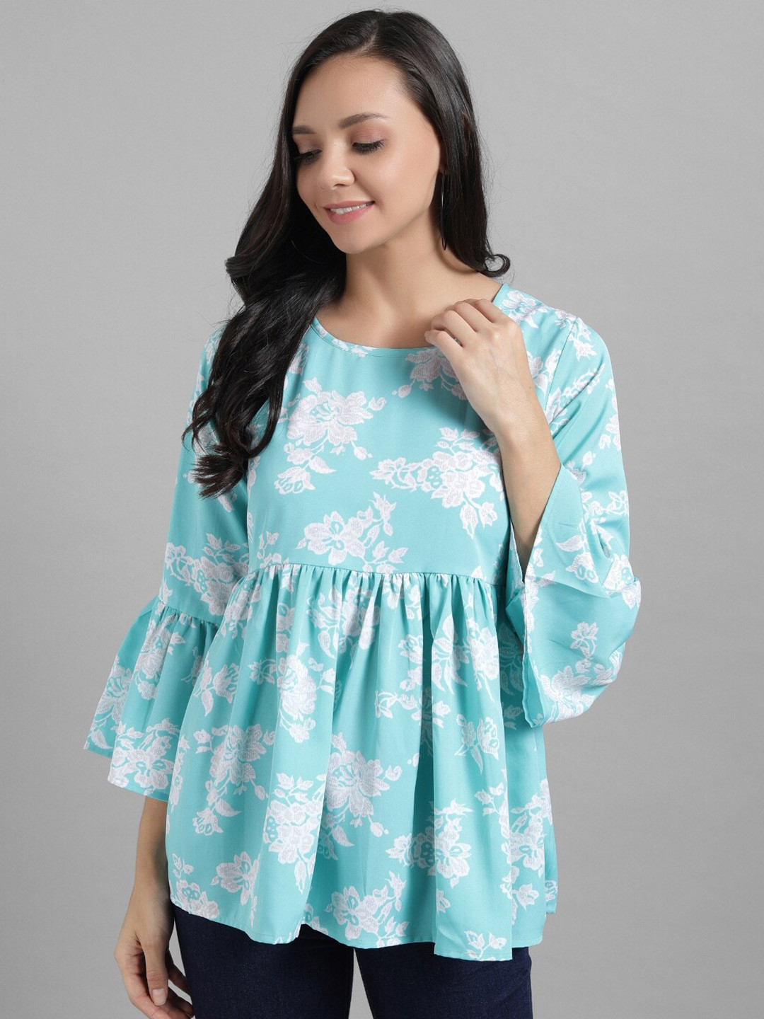 

BAESD Floral Printed Bell Sleeve Pure Cotton Top, Turquoise blue