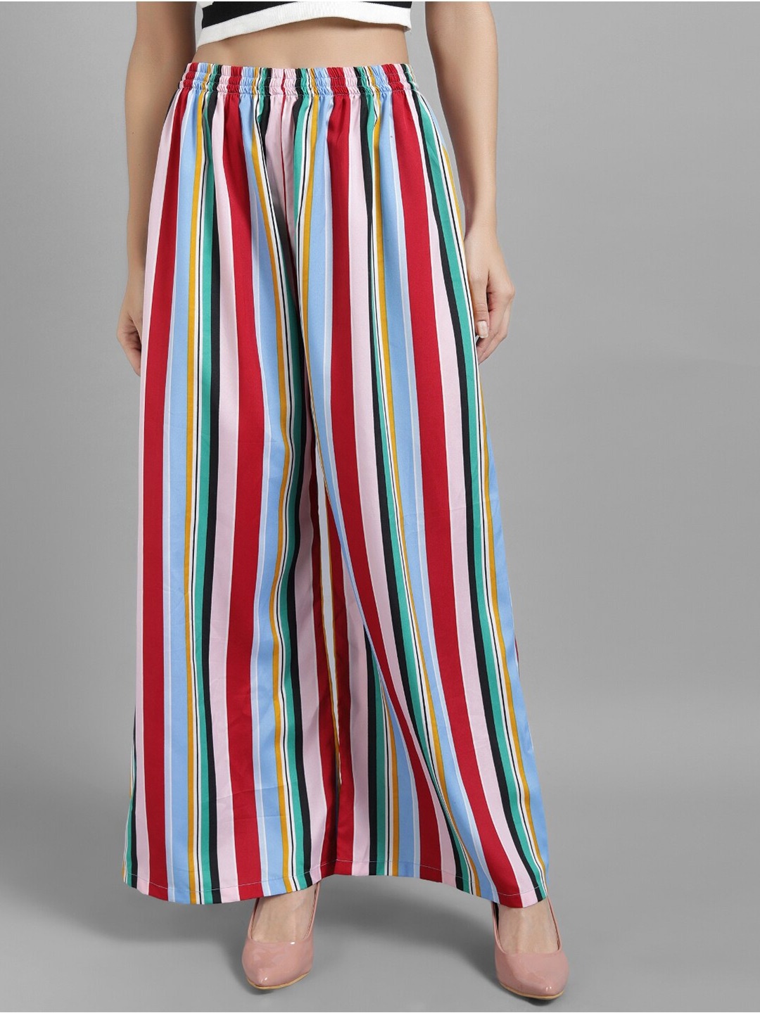 

BAESD Women Striped Flared Knitted Palazzos, Red
