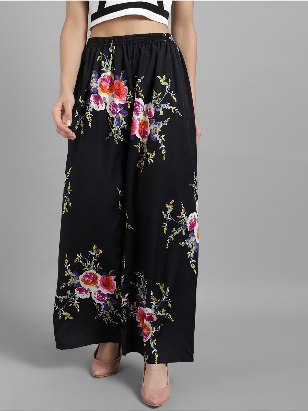 

BAESD Women Floral Printed Flared Knitted Palazzos, Black
