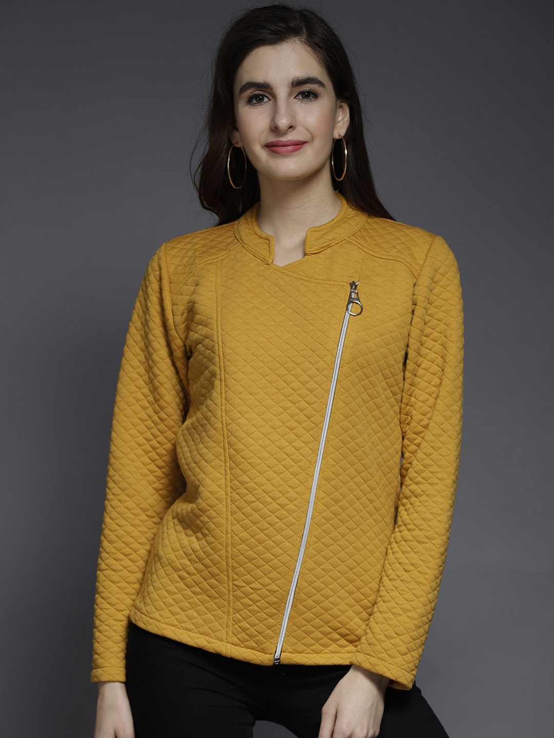 

BAESD Stand Collar Self Design Fleece Biker Jacket, Mustard