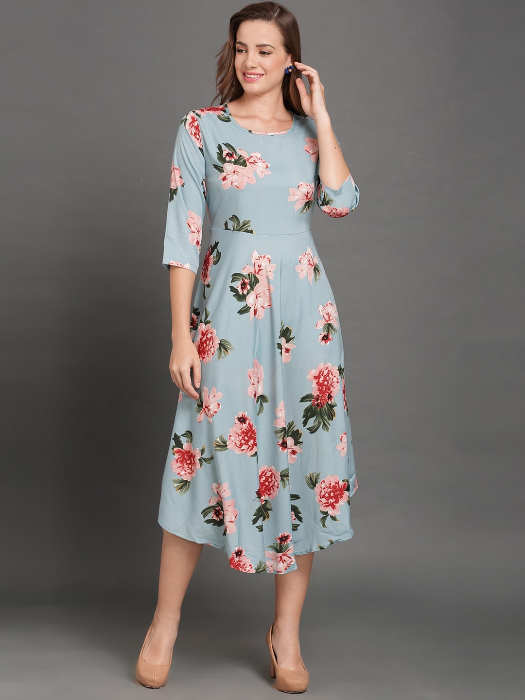 

BAESD Floral Printed Round Neck Cotton Fit & Flare Dress, Blue