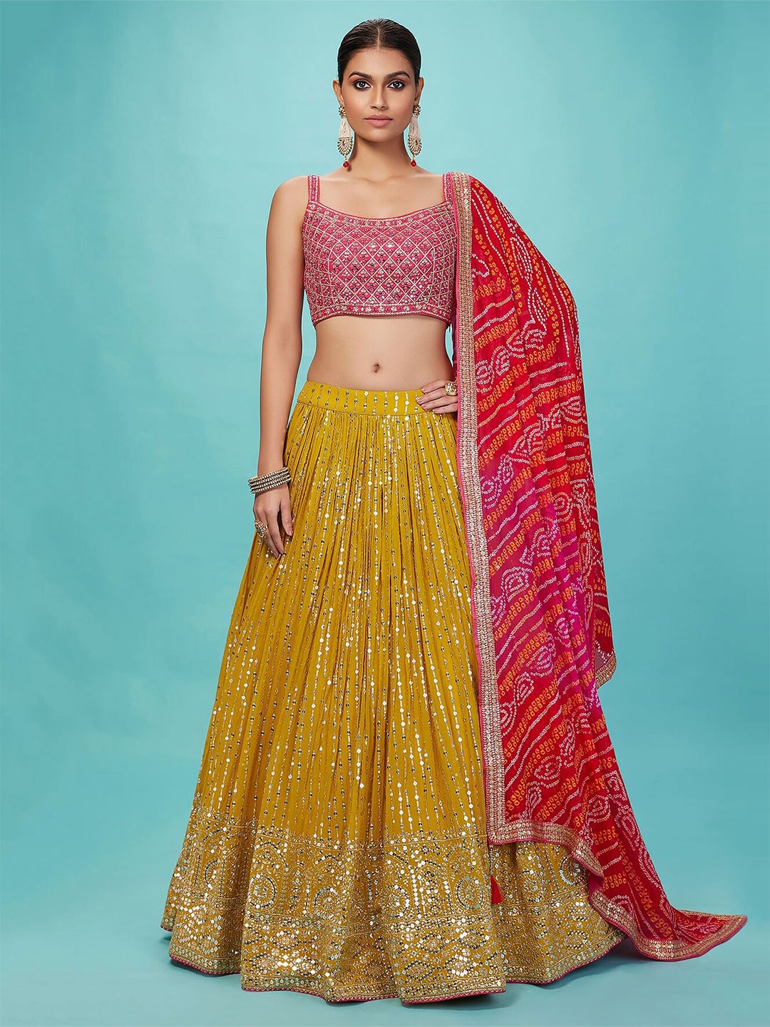 

FABPIXEL Embroidered Thread Work Semi-Stitched Lehenga & Unstitched Blouse With Dupatta, Yellow