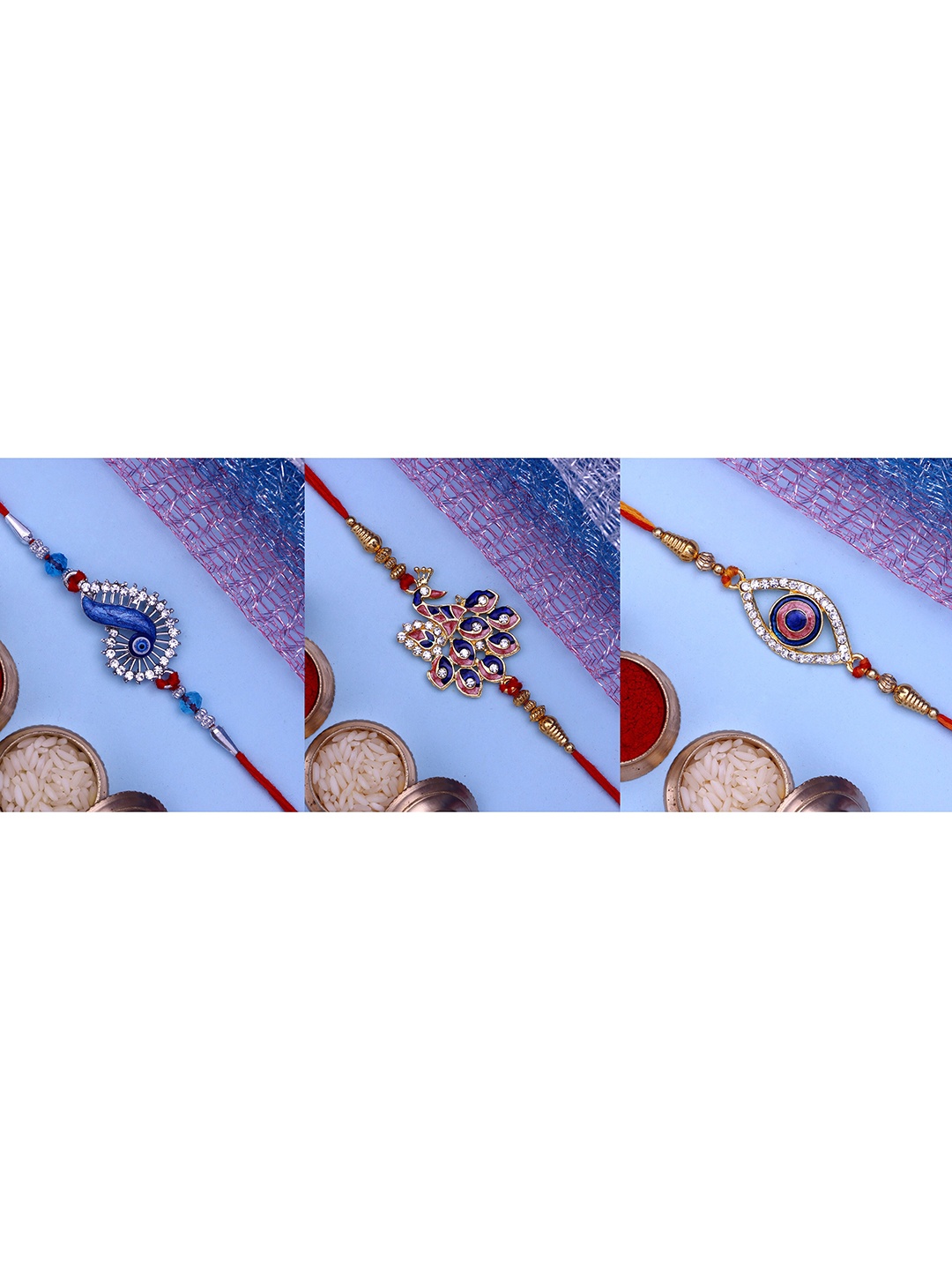 

Mahi Set of 3 Evil Eye and Peacock Rakhi, Red