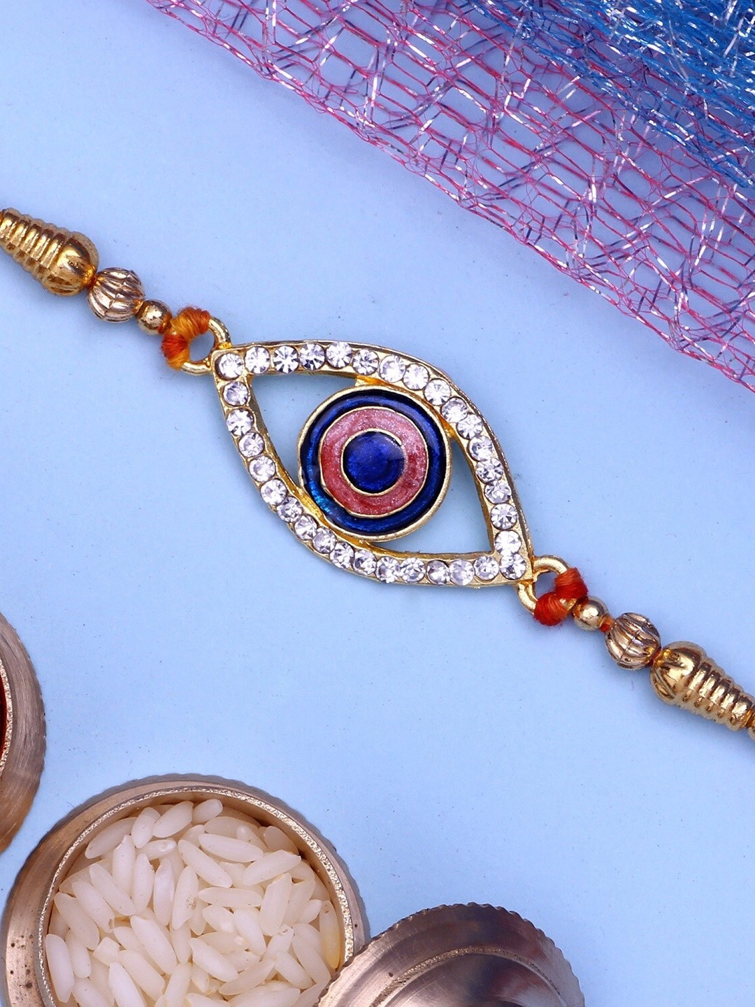 

Mahi Stone-Studded Evil Eye Charm Rakhi, Gold