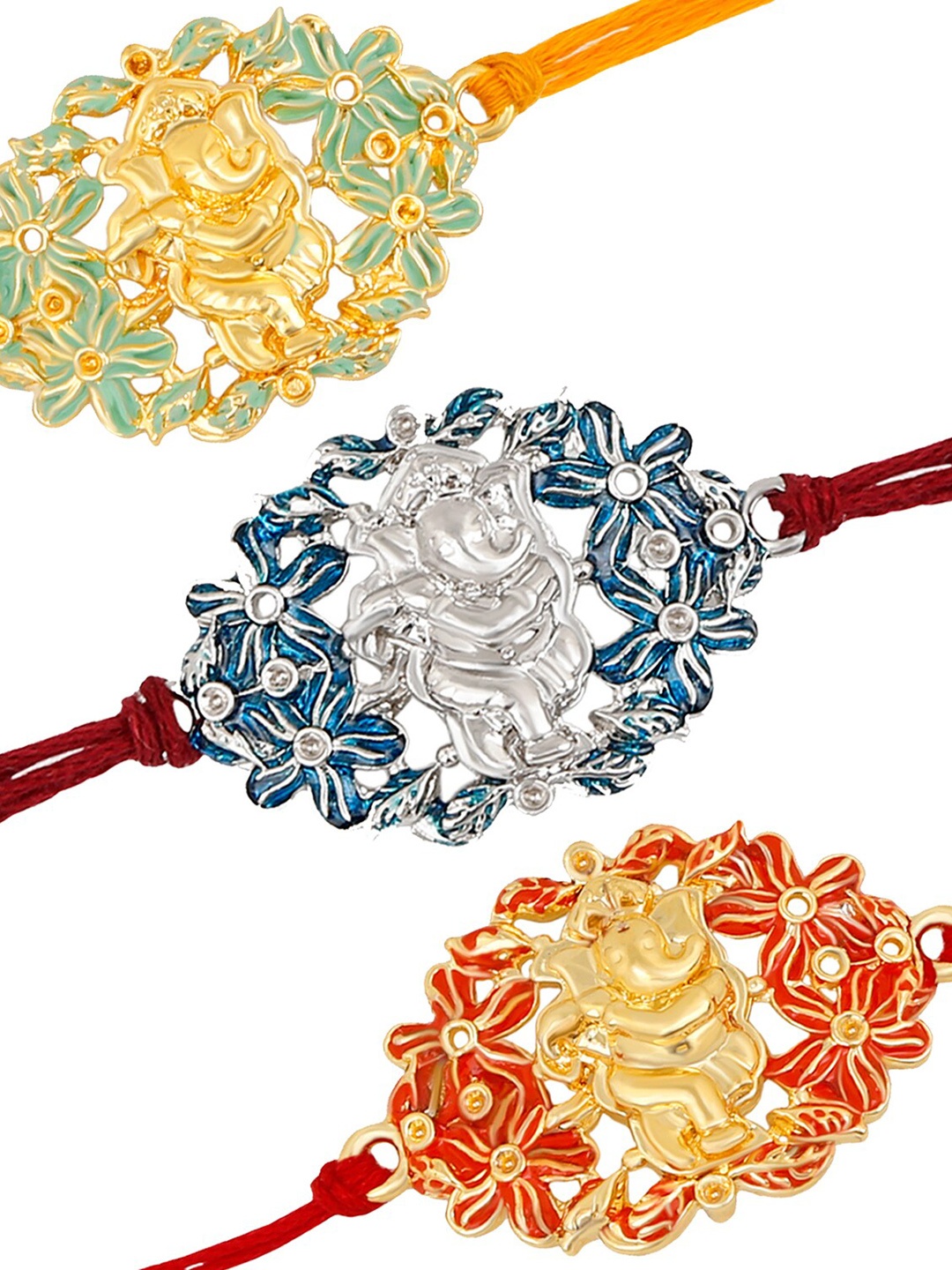 

Mahi Set Of 3 Floral Lord Ganesha Charm Meenakari Rakhis, Orange
