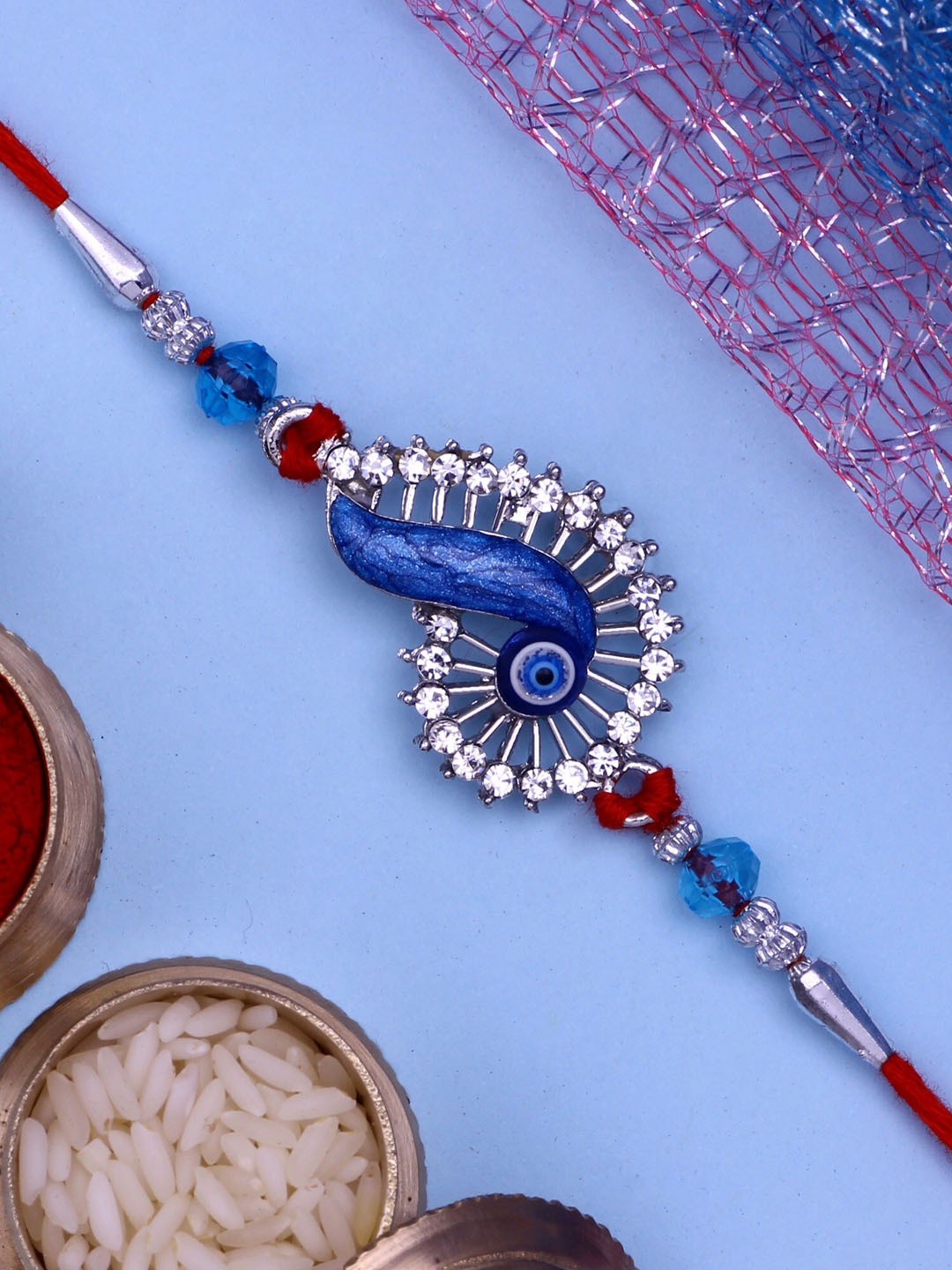 

Mahi Set Of 2 Evil Eye & Meena Charm Rakhis, Blue