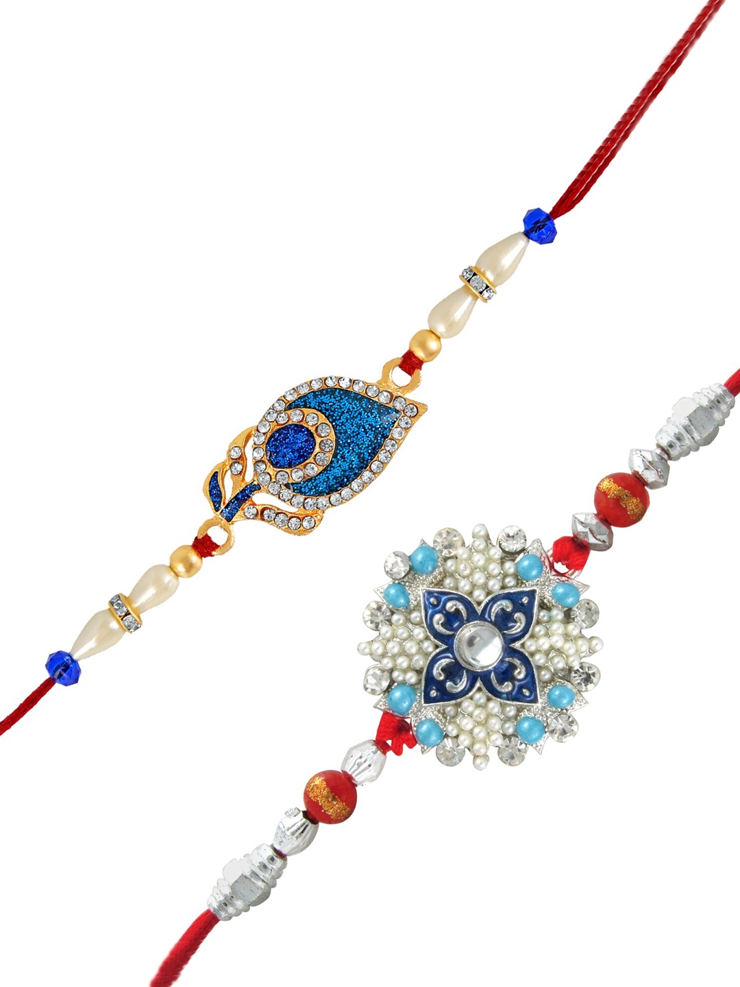 

Mahi Men Set of 2 Crystal Studded Peacock Feather and Floral Detail Rakhi, Blue