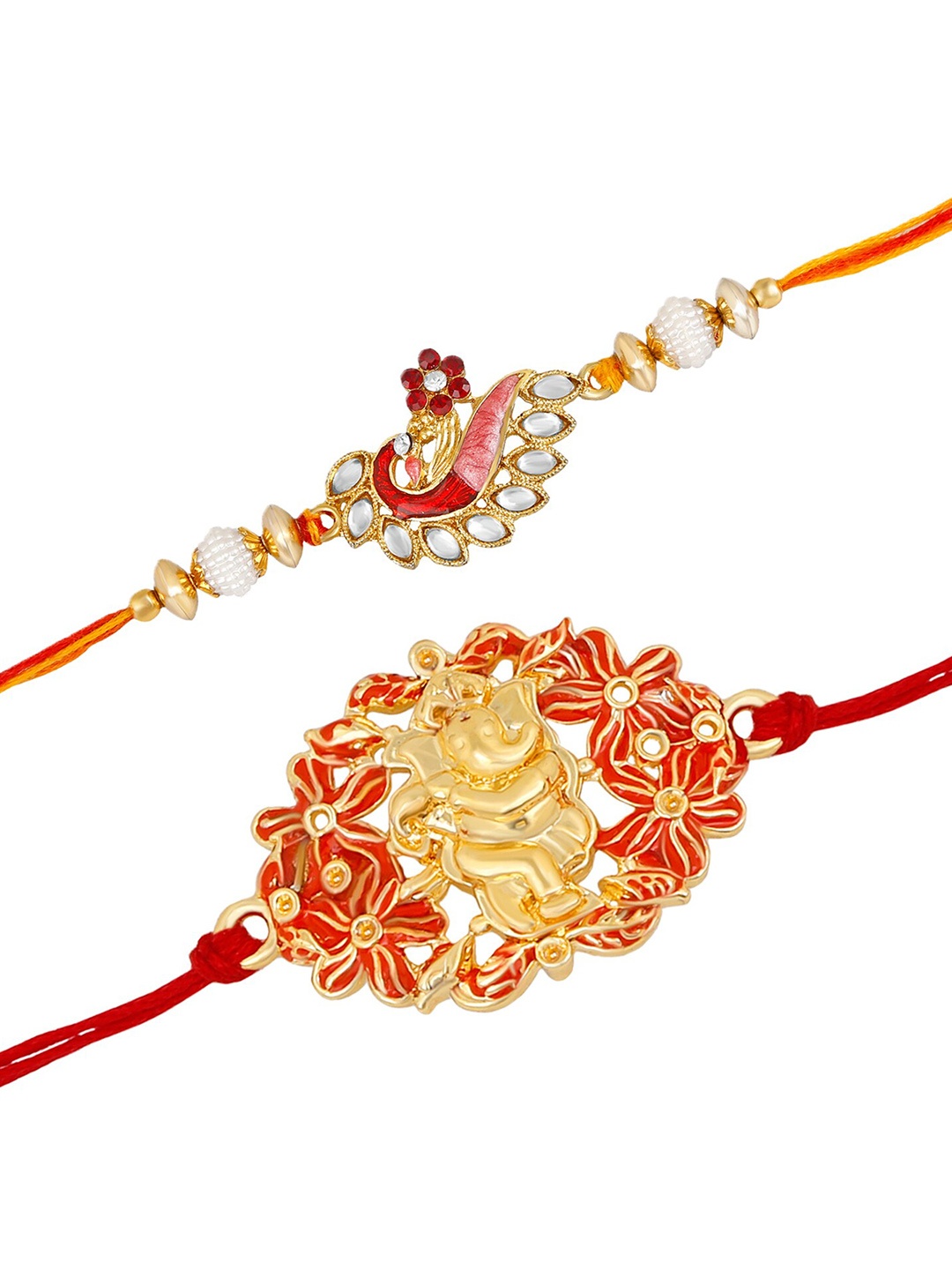 

Mahi Set Of 2 Stone Studded Peacock & Lord Ganesha Meenakari Rakhis, Orange
