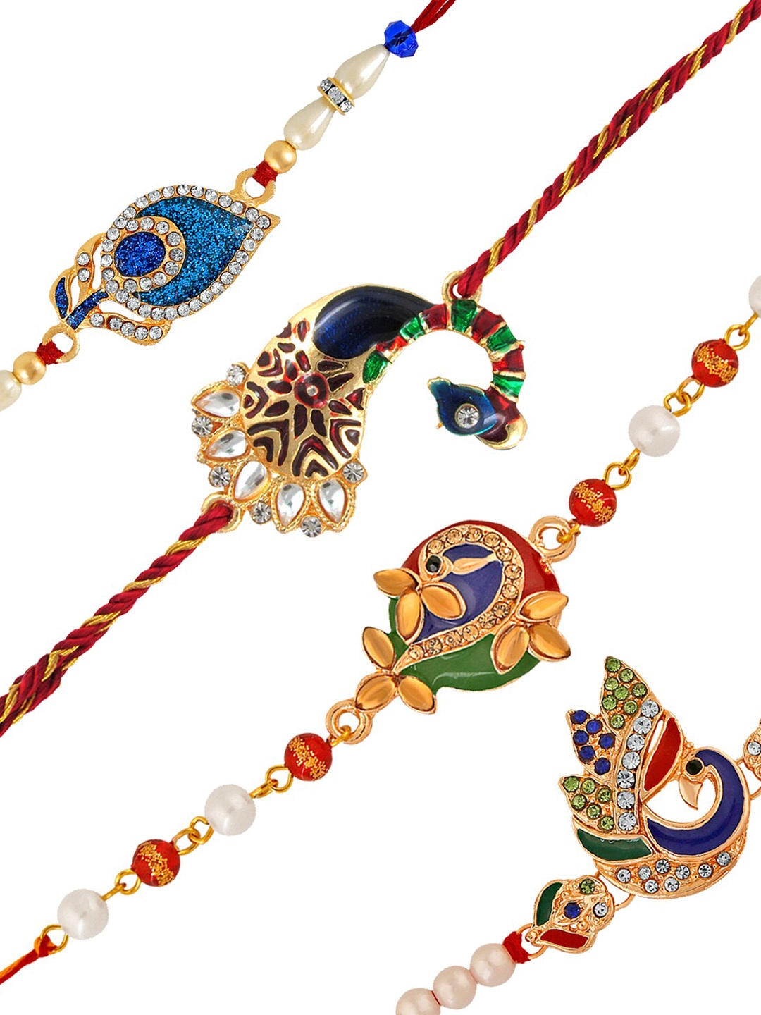 

Mahi Set of 4 Stone Studded & Beaded Peacock Charm Rakhi, Gold