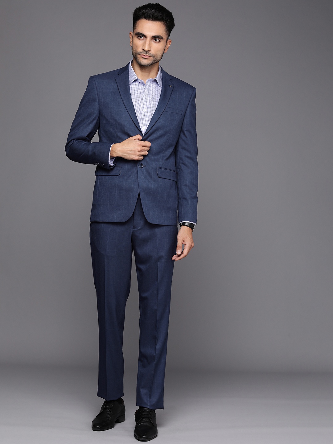 

Louis Philippe Men Checked Slim Fit Single Breasted Two-Piece Formal Suit, Navy blue