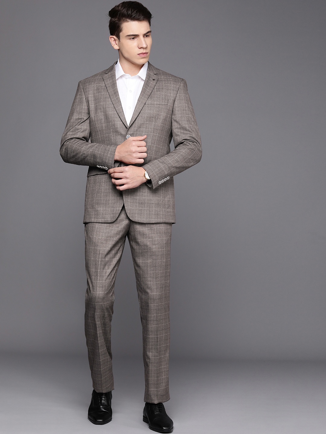 

Louis Philippe Men Checked Slim Fit Single Breasted Two-Piece Formal Suit, Grey