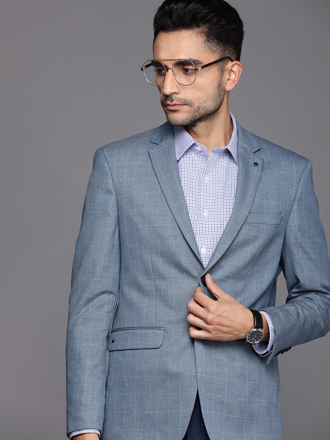 

Louis Philippe Checked Single-Breasted Slim-Fit Formal Blazer, Blue