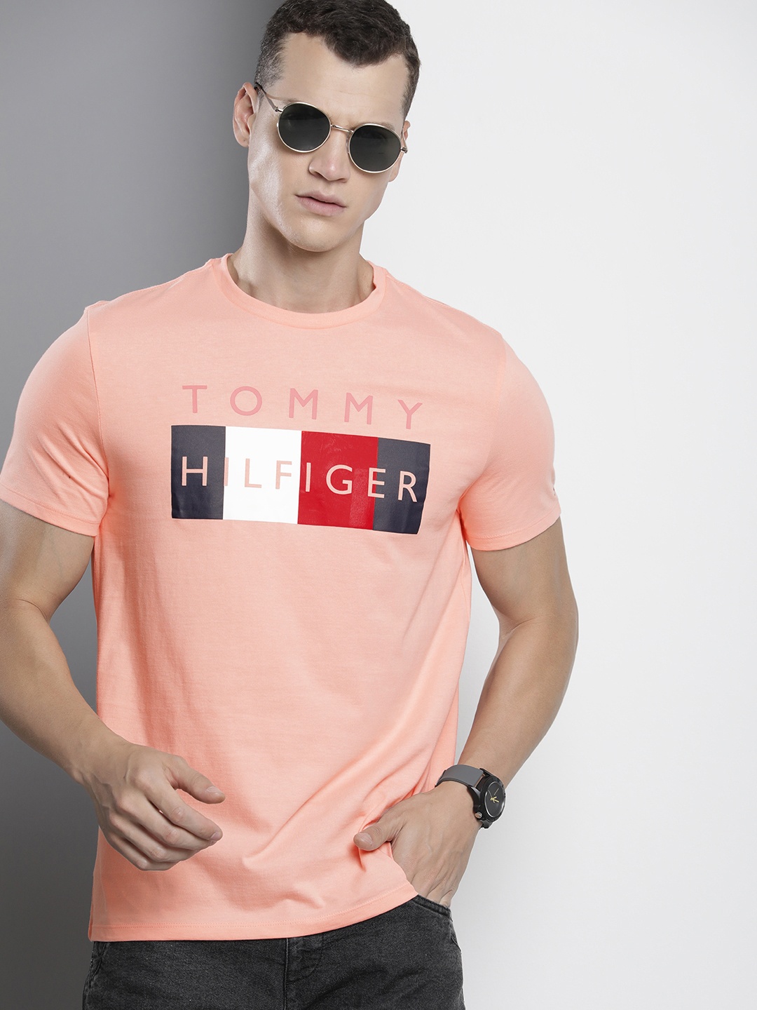 

Tommy Hilfiger Brand Logo Printed Pure Cotton Slim Fit T-shirt, Peach