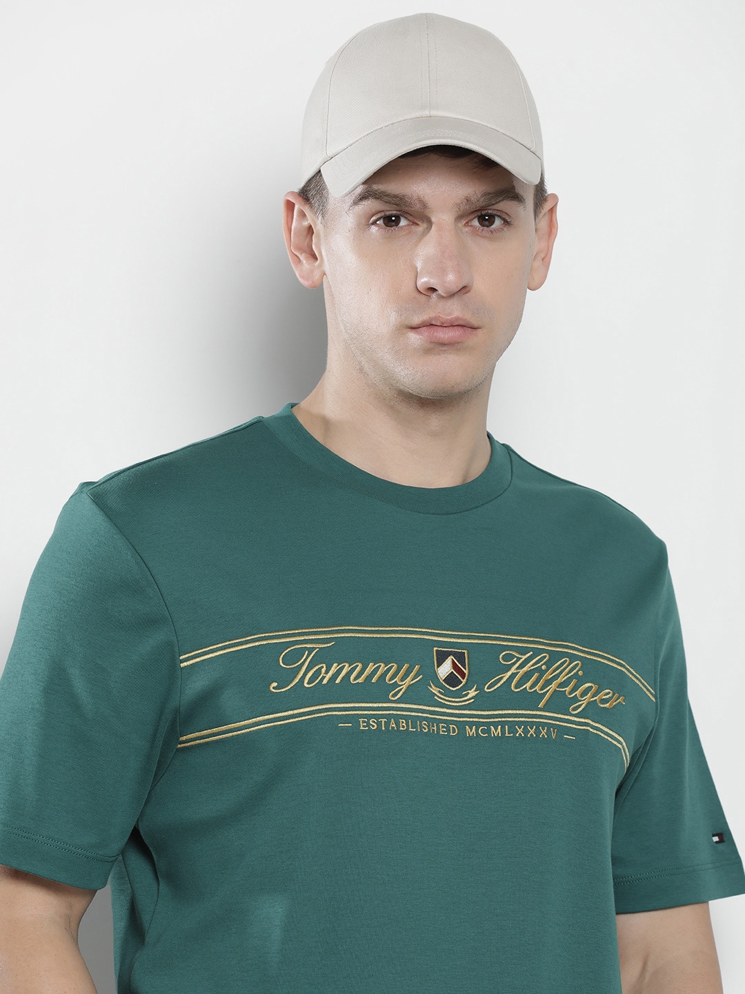 

Tommy Hilfiger Brand Logo Embroidered Pure Cotton T-shirt, Teal