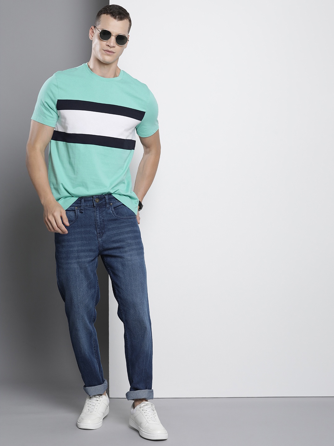 

Tommy Hilfiger Colourblocked Pure Cotton Slim Fit T-shirt, Turquoise blue