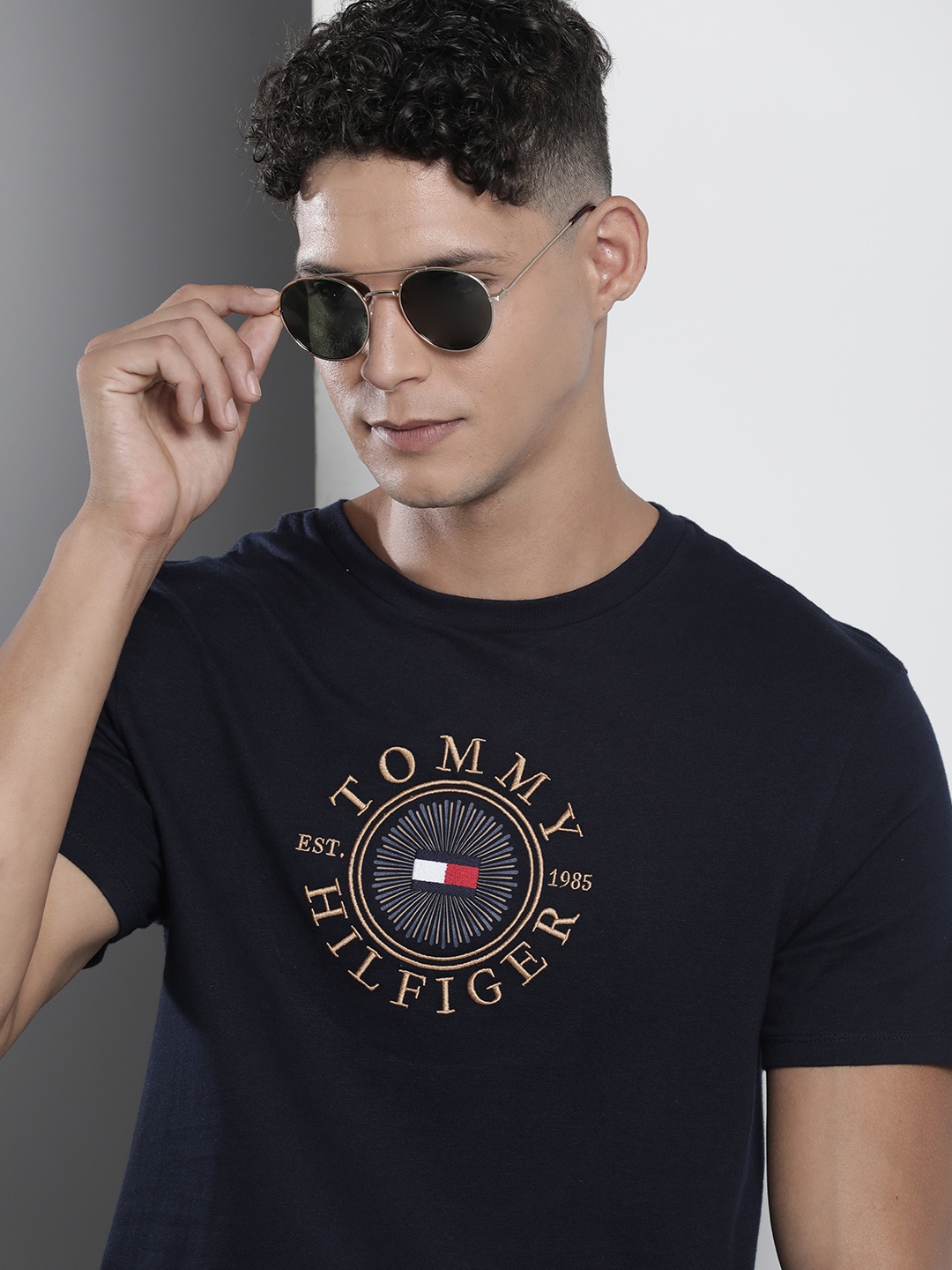 

Tommy Hilfiger Brand Logo Embroidered Pure Cotton Slim Fit T-shirt, Navy blue