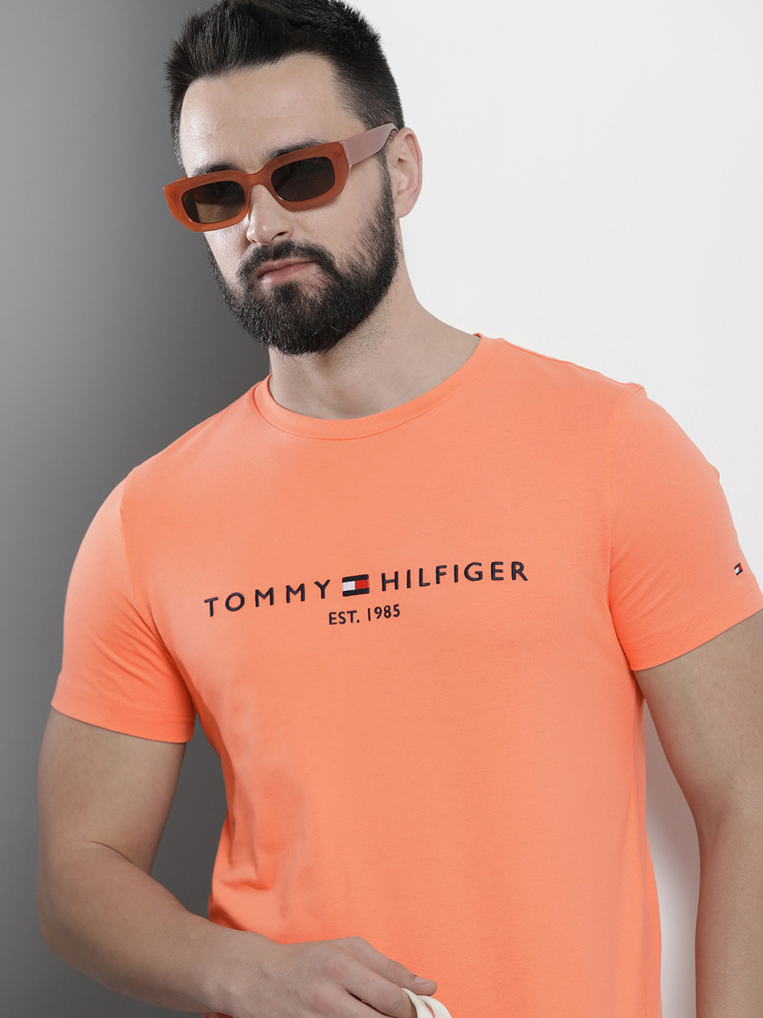 

Tommy Hilfiger Brand Logo Embroidered Pure Cotton Slim Fit T-shirt, Peach