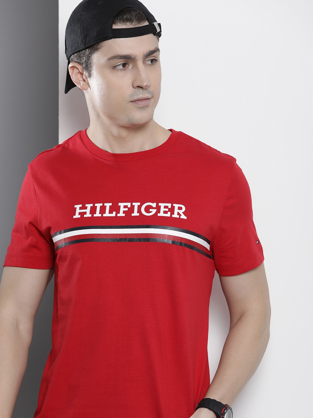 

Tommy Hilfiger Brand Logo Printed Pure Cotton Slim Fit T-shirt, Red