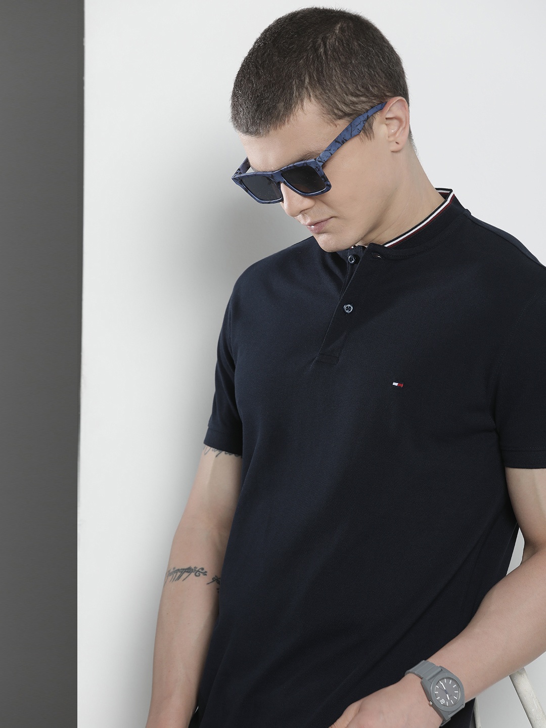 

Tommy Hilfiger Pure Cotton Henley Neck Slim Fit Casual T-shirt, Navy blue
