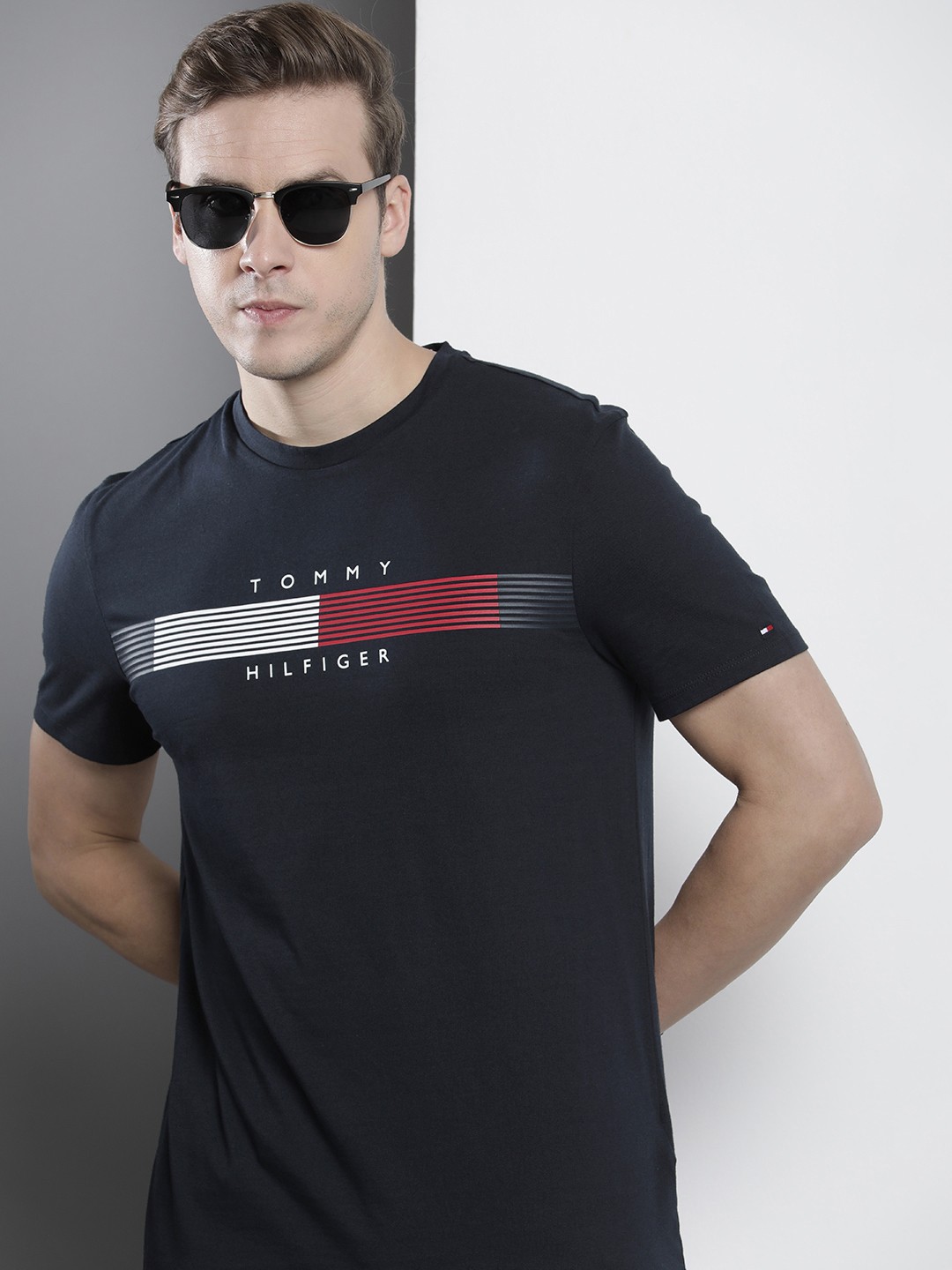 

Tommy Hilfiger Brand Logo Printed Pure Cotton Slim Fit T-shirt, Navy blue